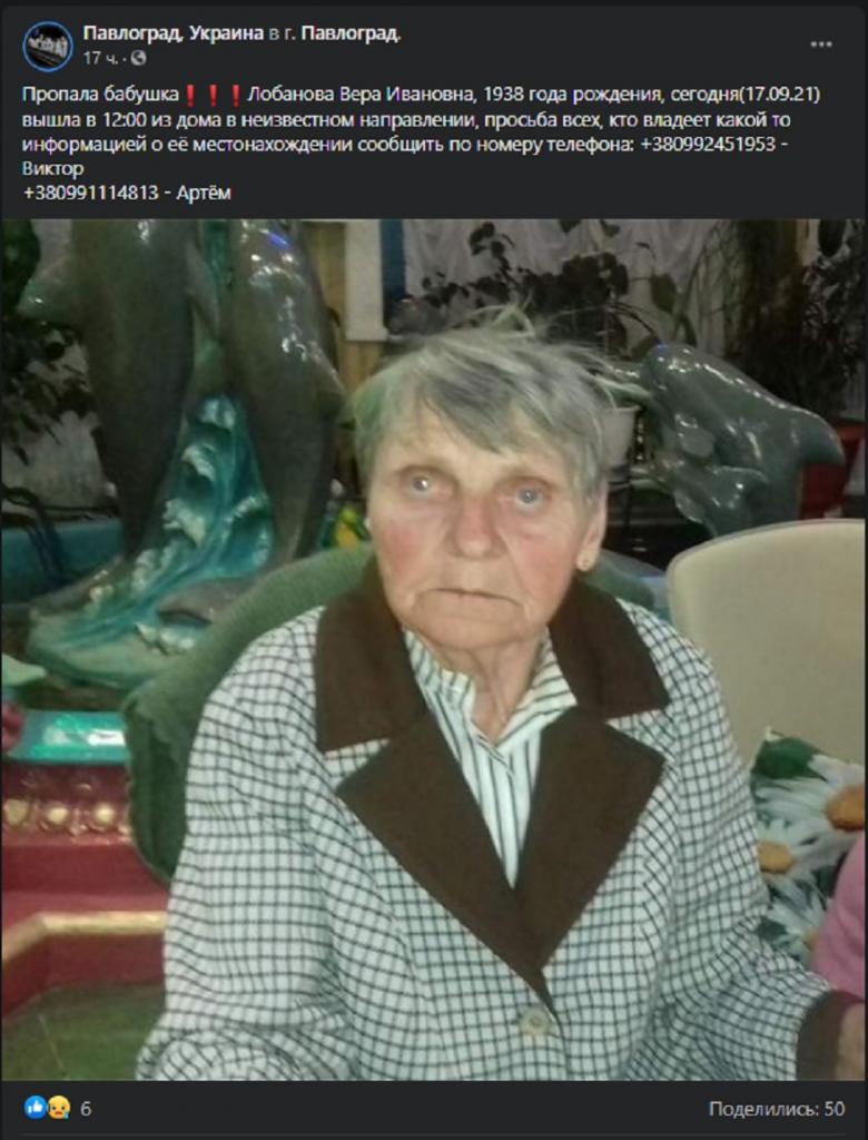 В Павлограде без вести пропала пожилая женщина (Фото и приметы)